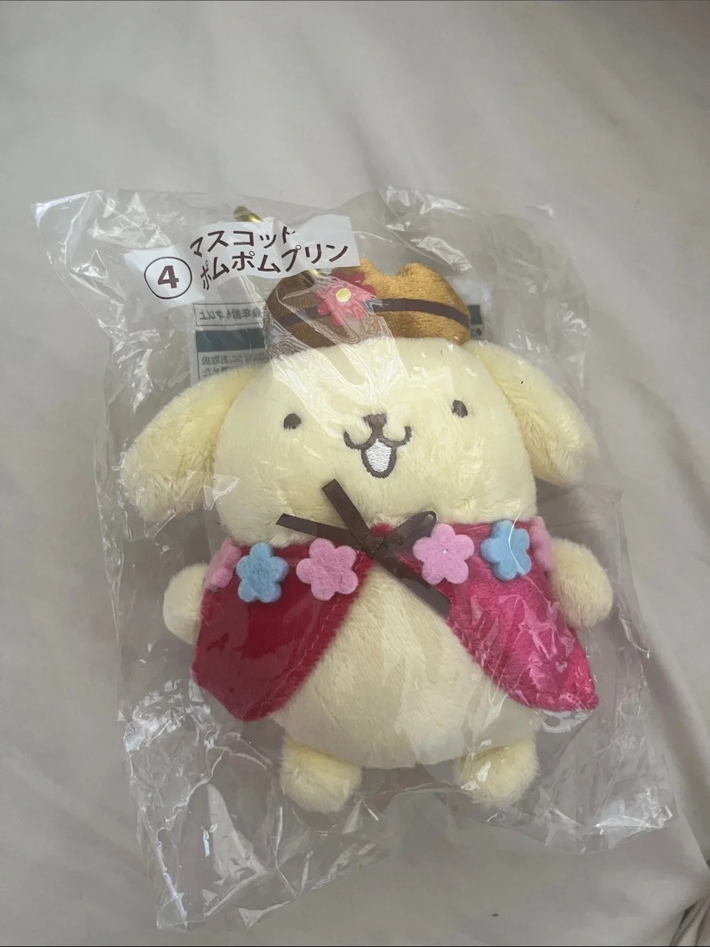 Sanrio Pompompurin Plush in Cream, Red, Brown with Pink & Blue Flowers